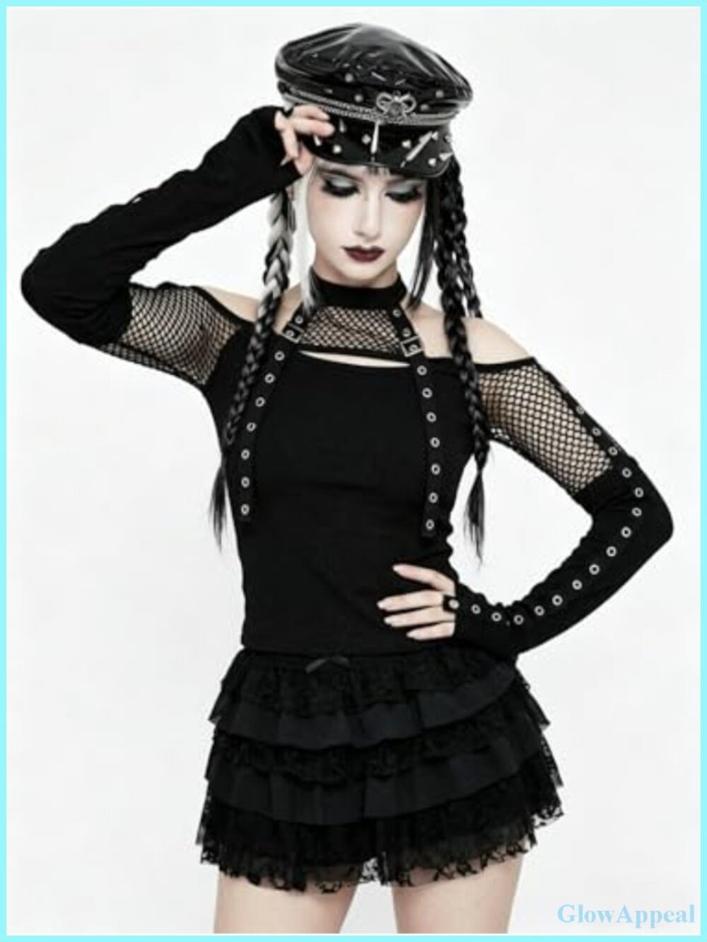 Gothic Crop Top with Fishnet Mesh, Cold Shoulder Punk Halter Neck Blouse - Picture 2 of 6